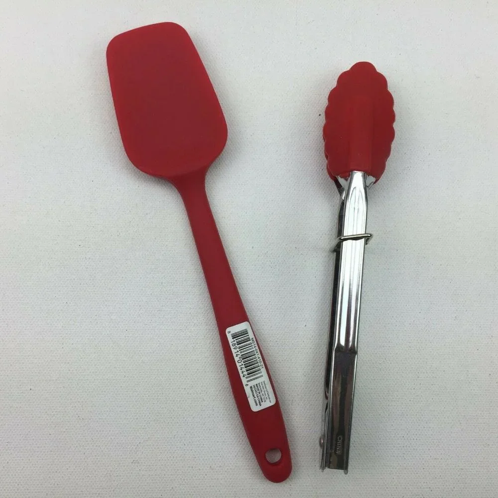 Mini Red Silicone Spatula and Tongs Kitchen Utensils Set of 2 Spoonula